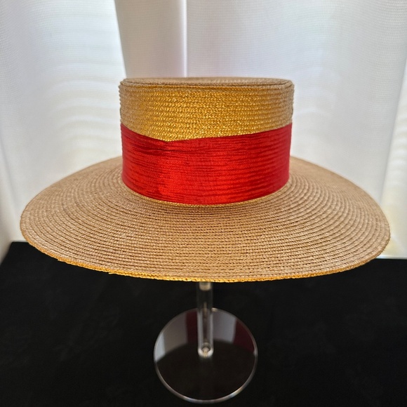 VINTAGE 1960s G. Colpo Women's Wide Brim Straw Hat w/ Red Ribbon Band - Italy - Picture 4 of 8